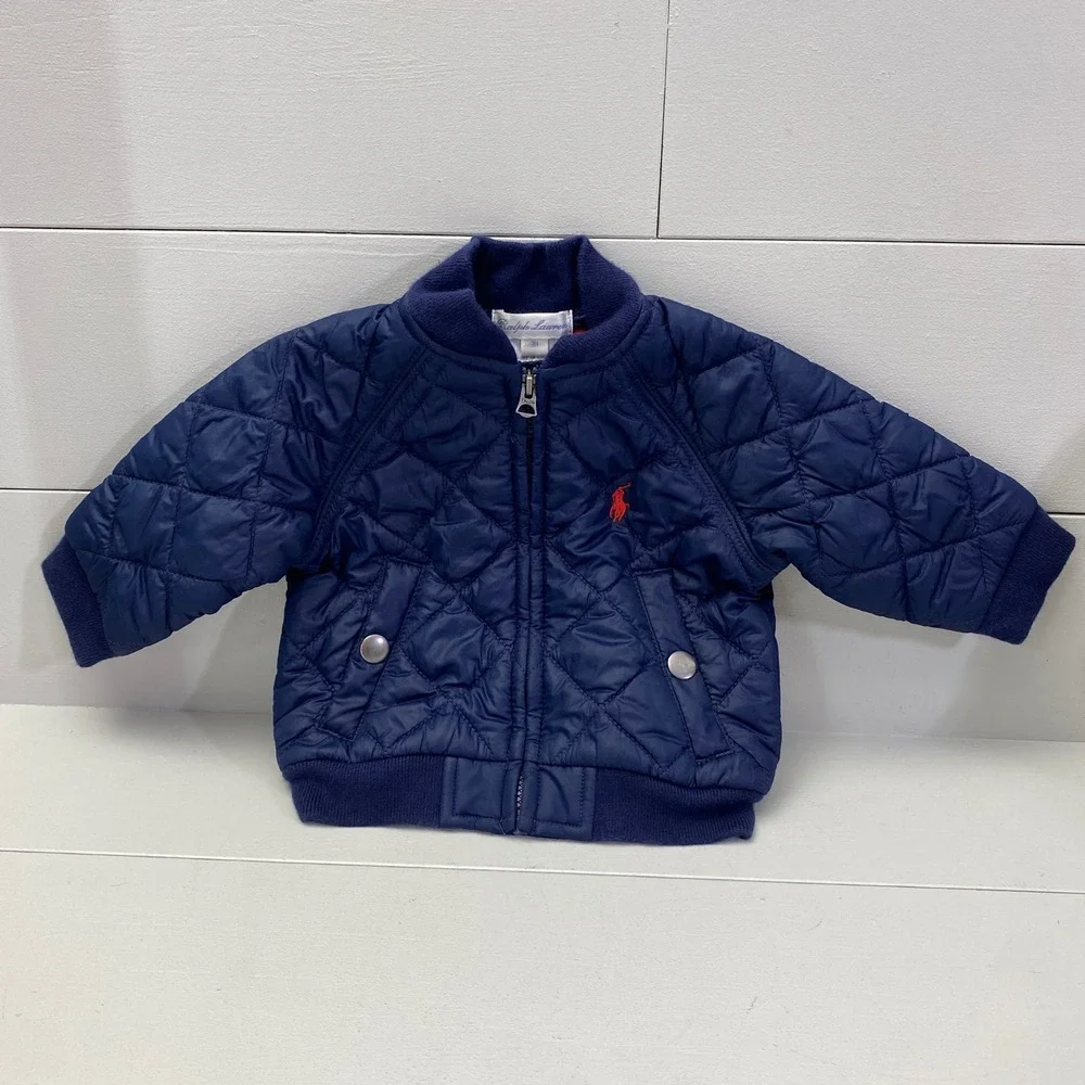 Ralph Lauren Quilted Bomber Jacket Baby Boy 3M Navy Blue Red Pony Zip Up Coat